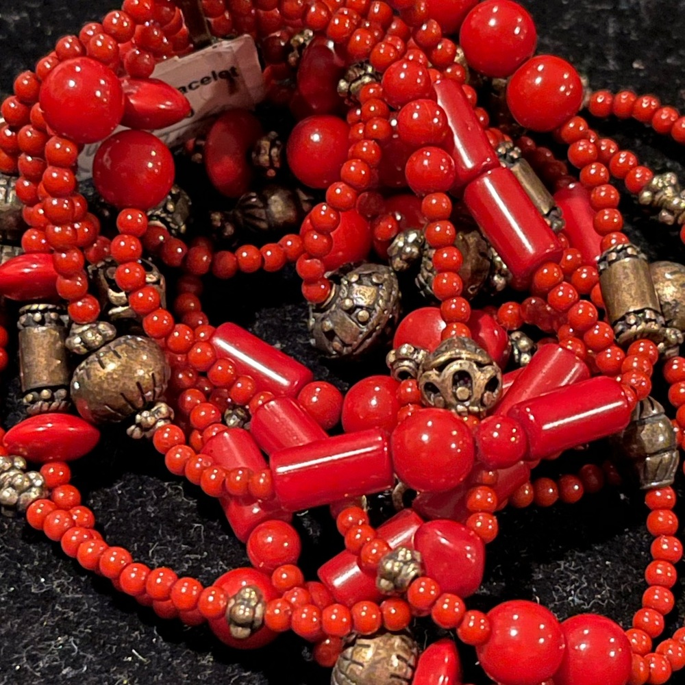 Premier Designs Impulse red beaded stretch bracelet with antique brass accents